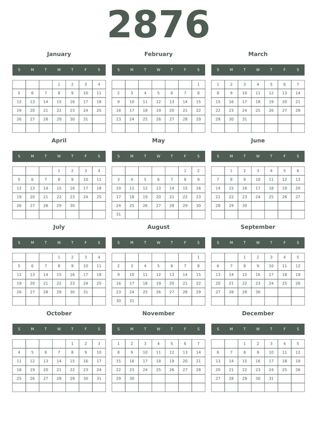 Printable 2876 Year Calendars feldgrau