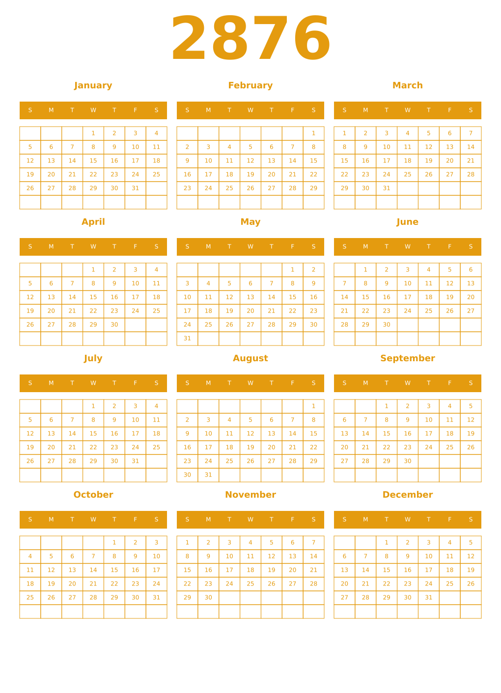 Printable 2876 Year Calendars gamboge