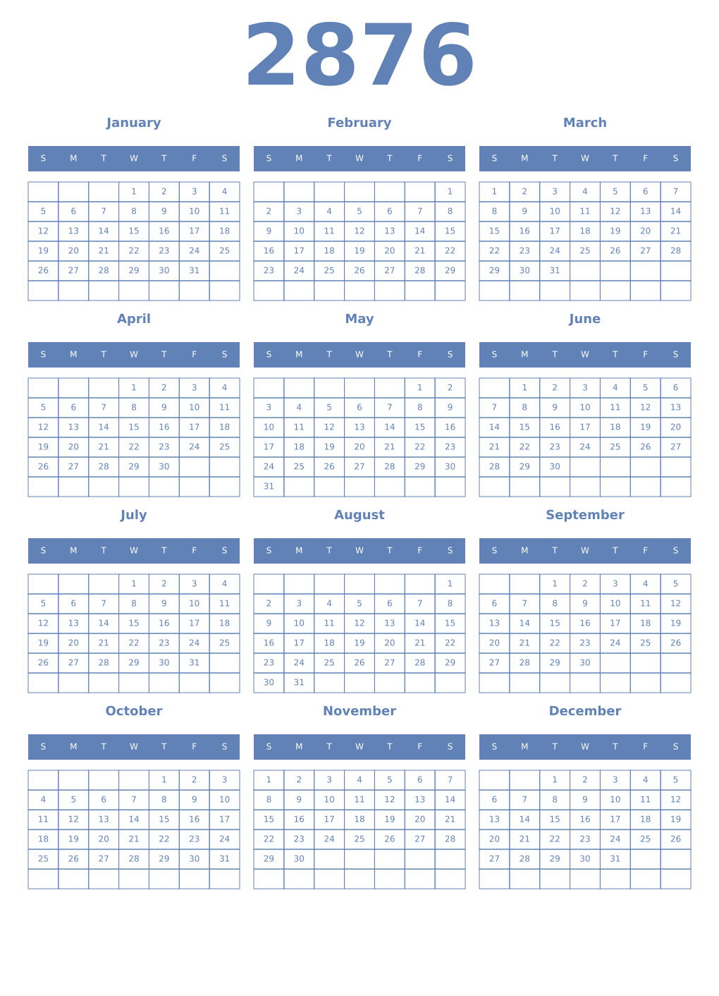 Printable 2876 Year Calendars glaucous