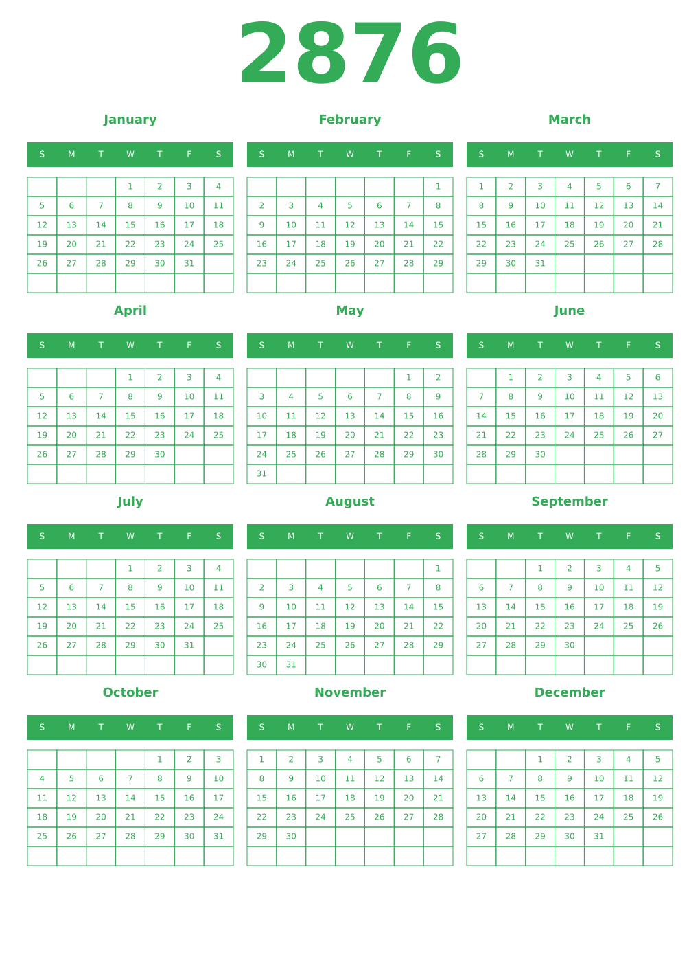 Printable 2876 Year Calendars green