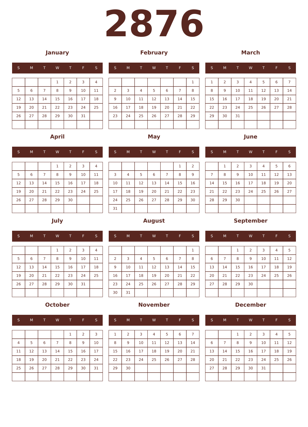 Printable 2876 Year Calendars mortuum