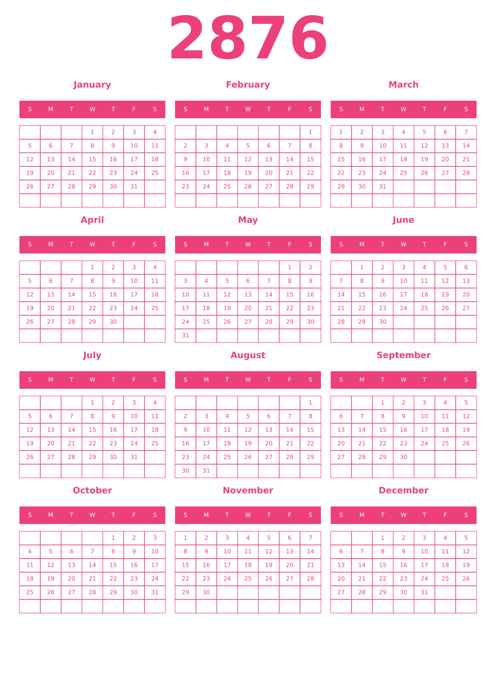 Printable 2876 Year Calendars pink