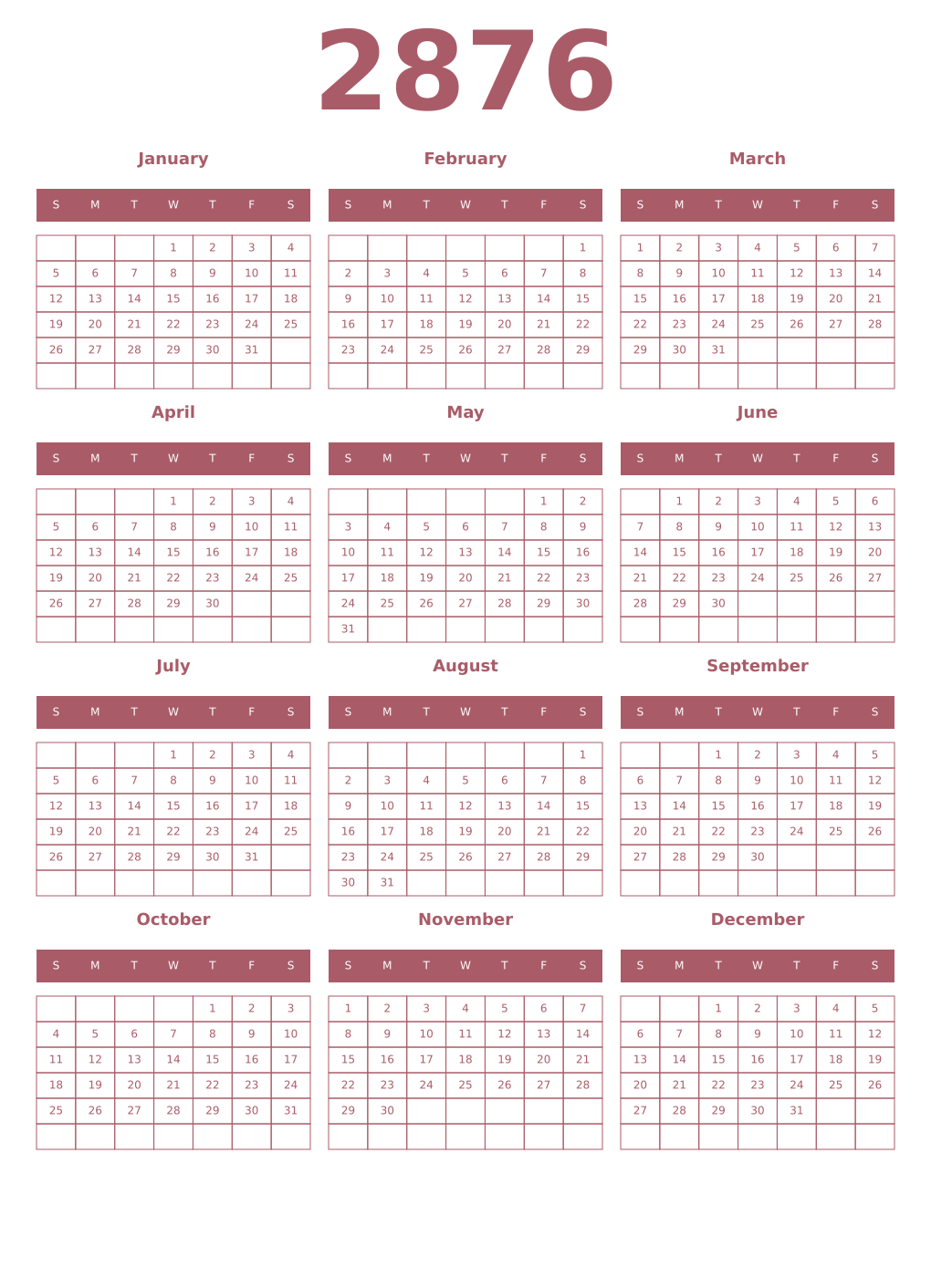 Printable 2876 Year Calendars puce