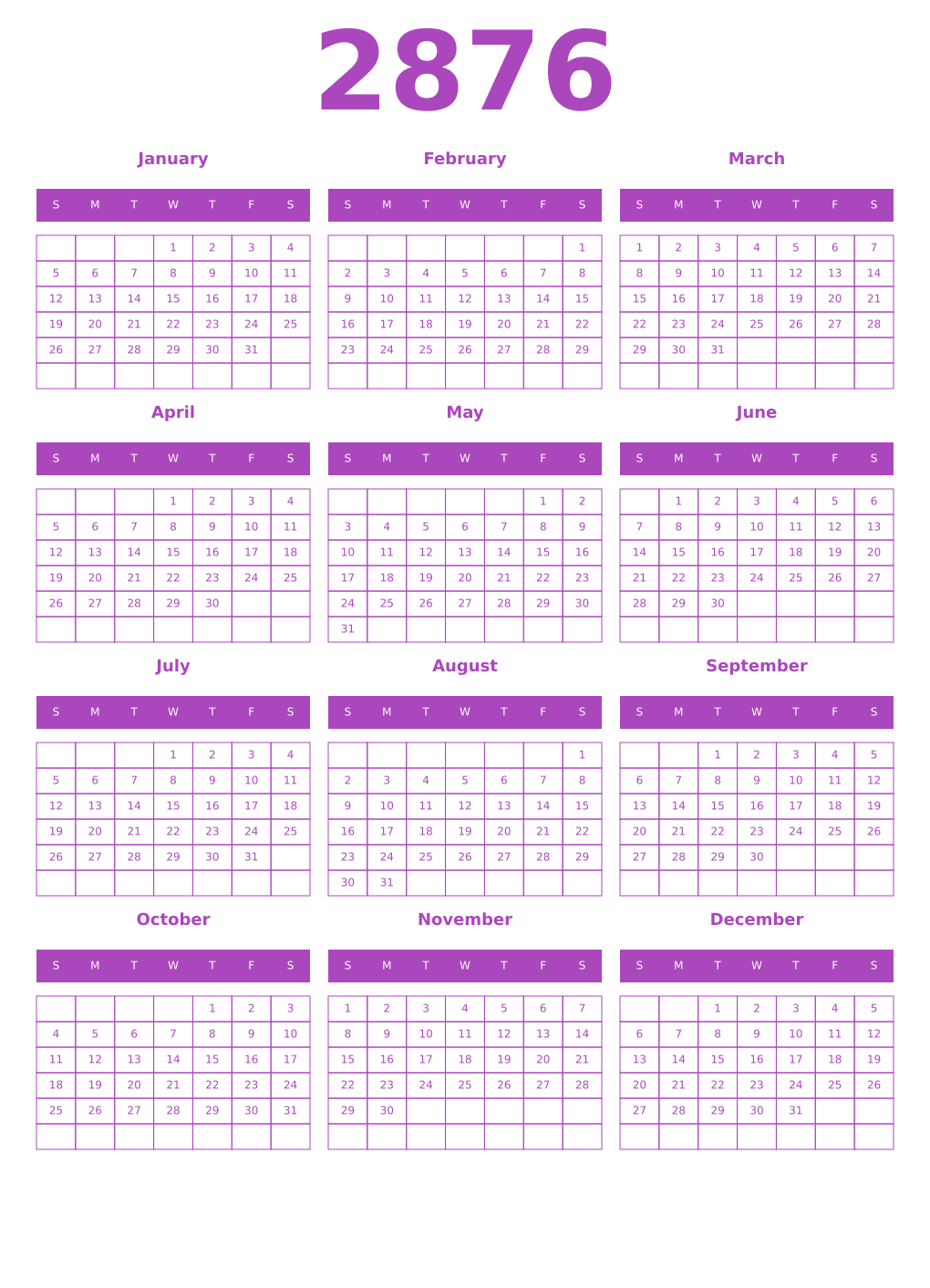 Printable 2876 Year Calendars purple