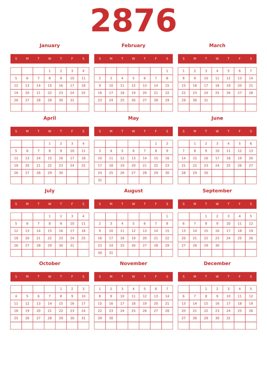 Printable 2876 Year Calendars red