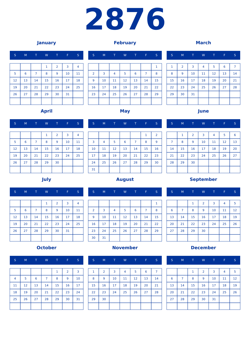 Printable 2876 Year Calendars smalt