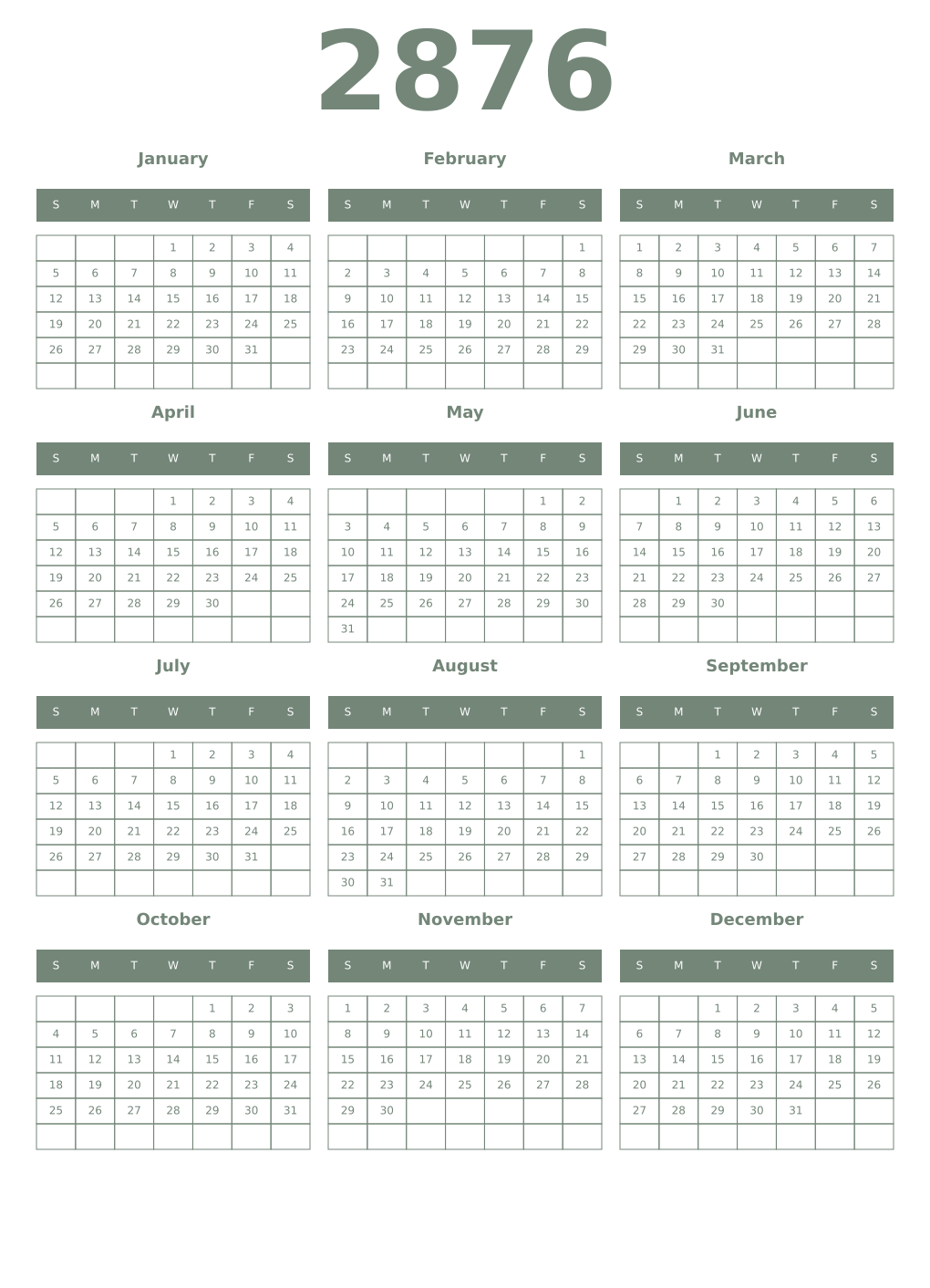 Printable 2876 Year Calendars xanadu