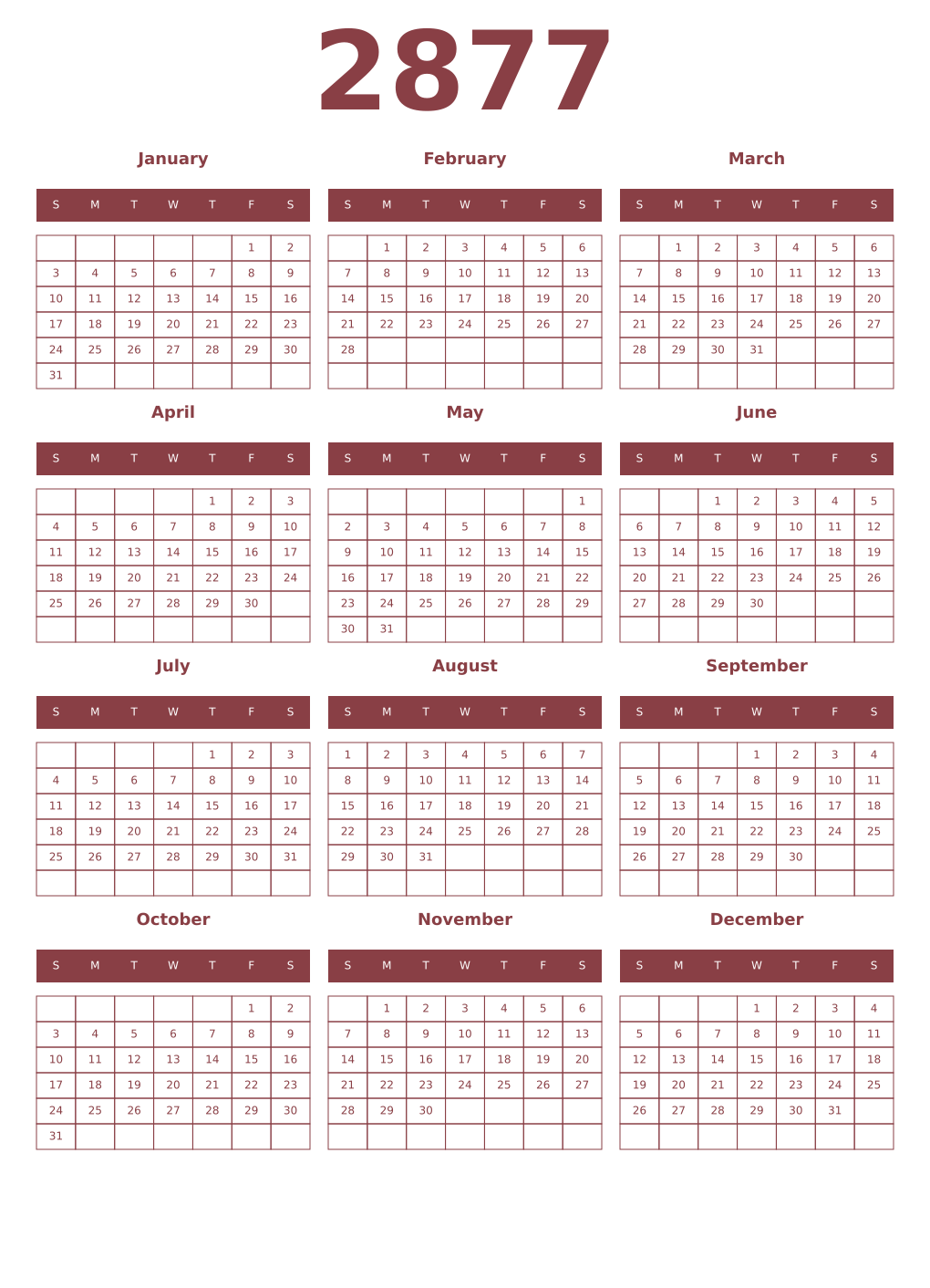 Printable 2877 Year Calendars cordovan