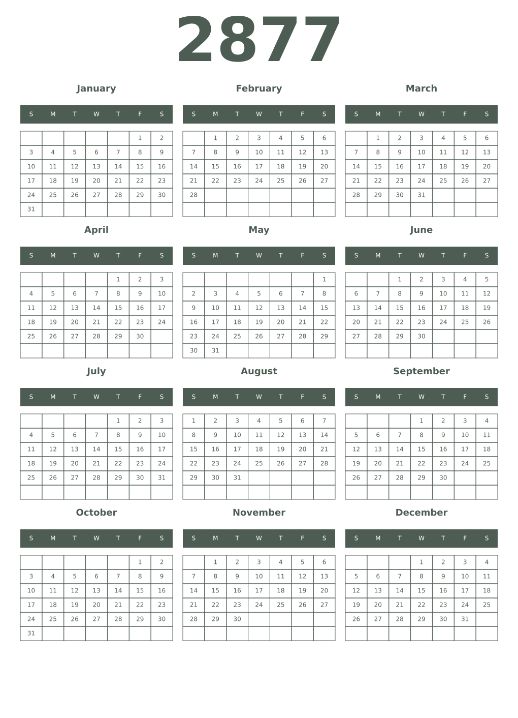 Printable 2877 Year Calendars feldgrau