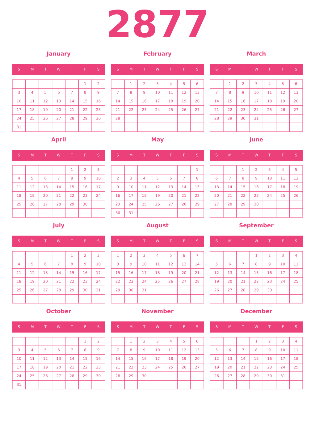 Printable 2877 Year Calendars pink