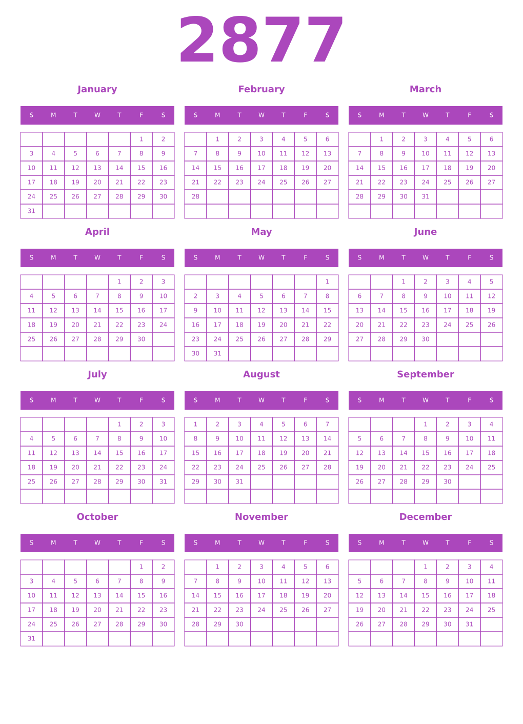Printable 2877 Year Calendars purple