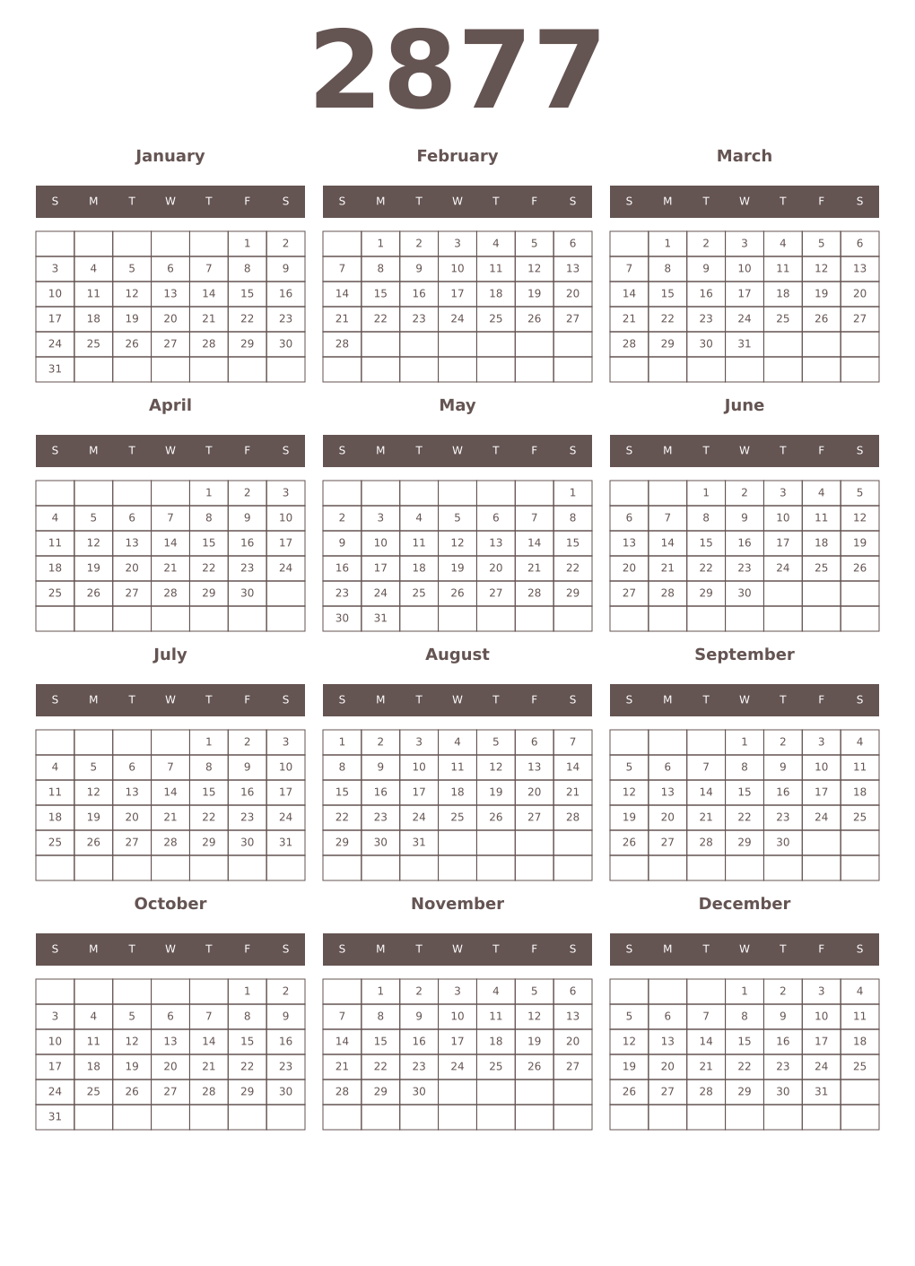Printable 2877 Year Calendars wenge
