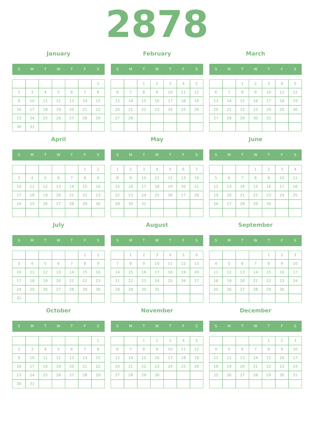 Printable 2878 Year Calendars celadon