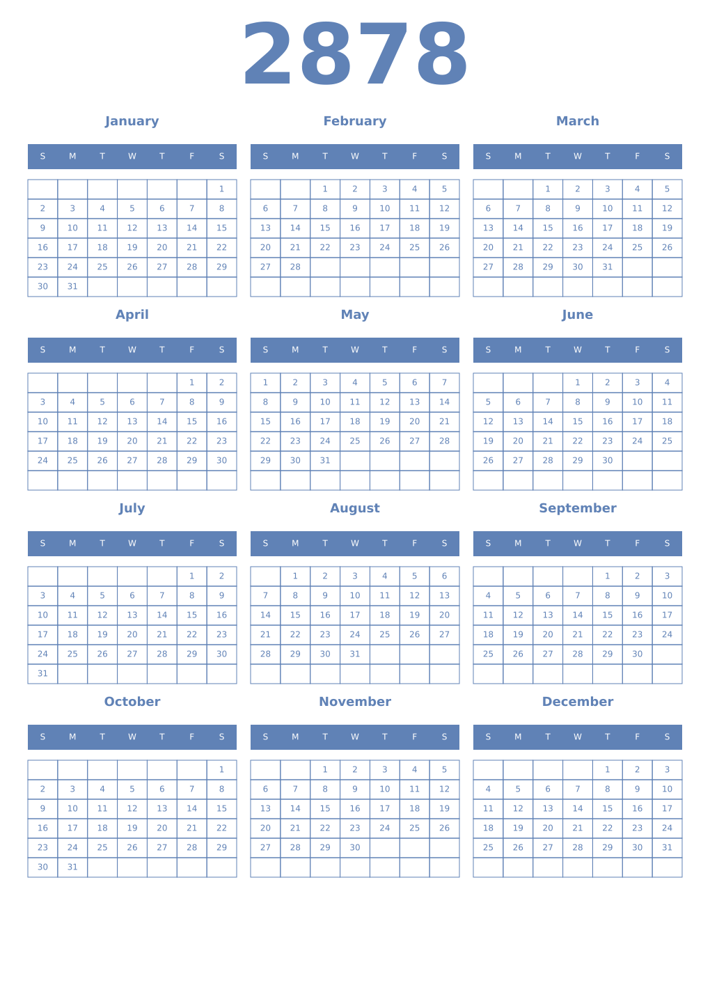 Printable 2878 Year Calendars glaucous