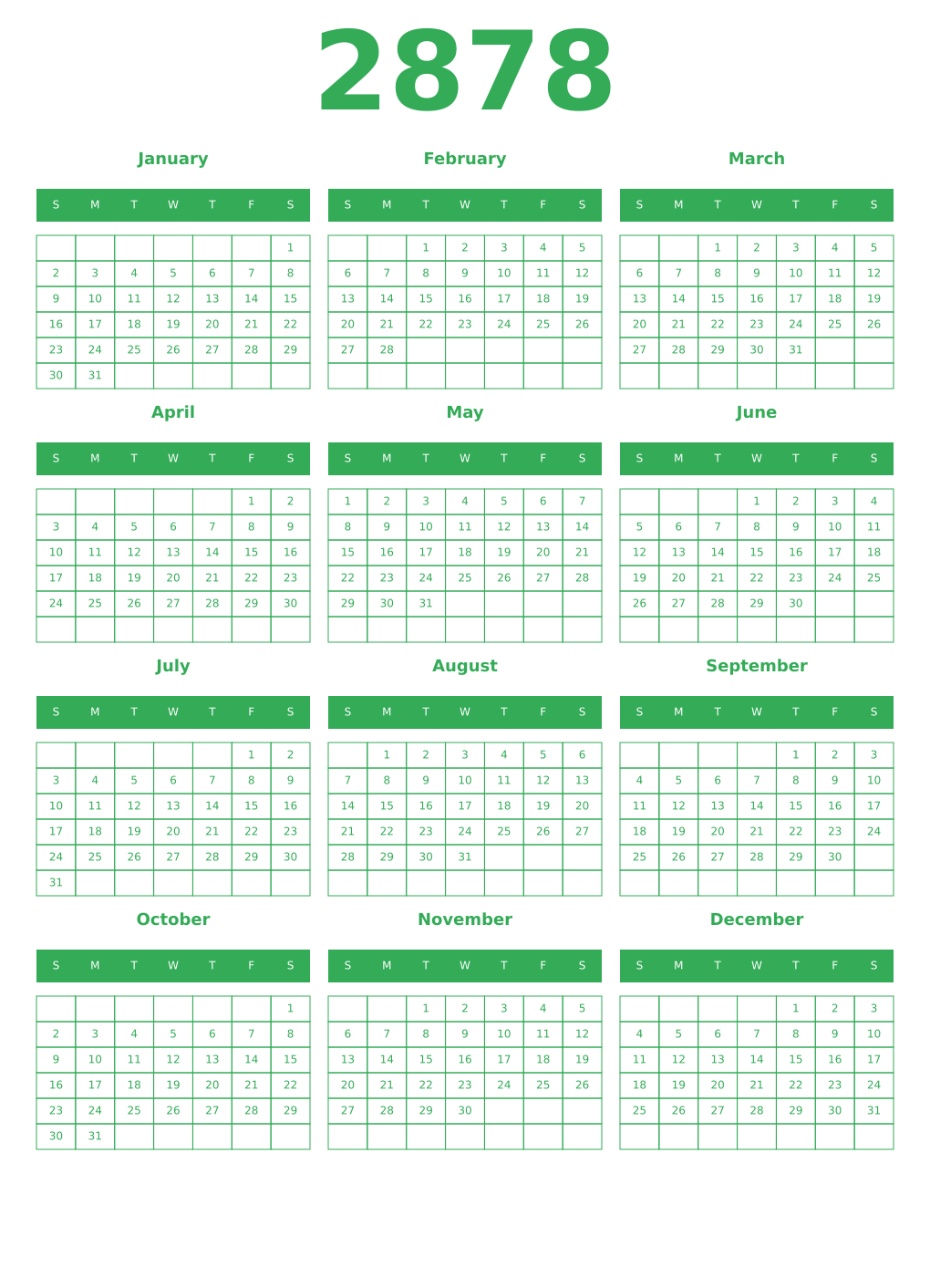 Printable 2878 Year Calendars green