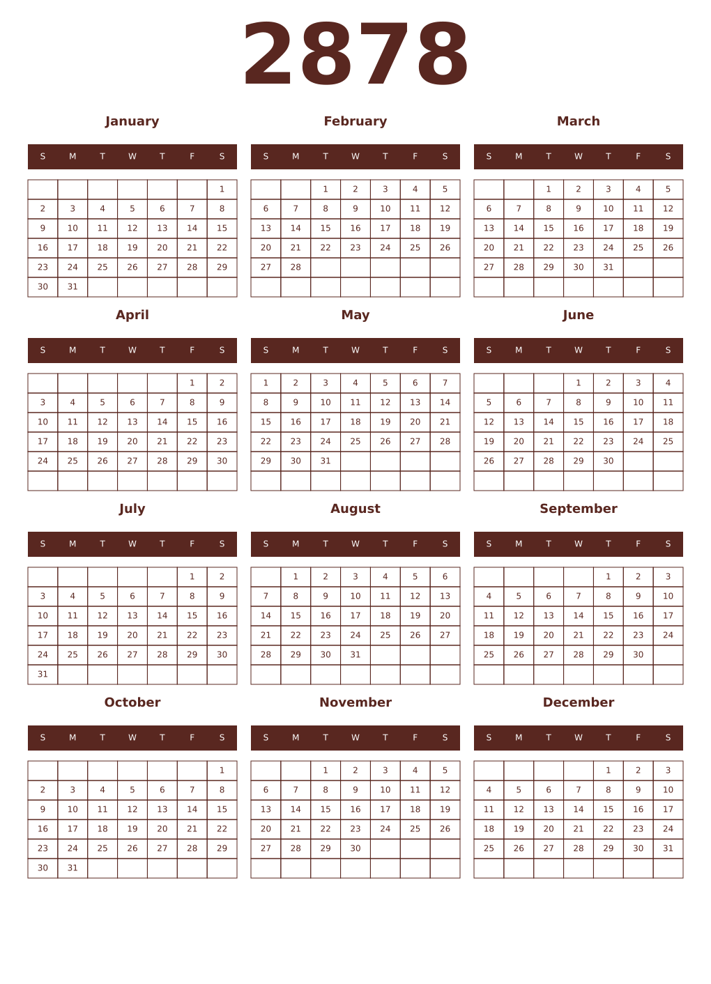 Printable 2878 Year Calendars mortuum