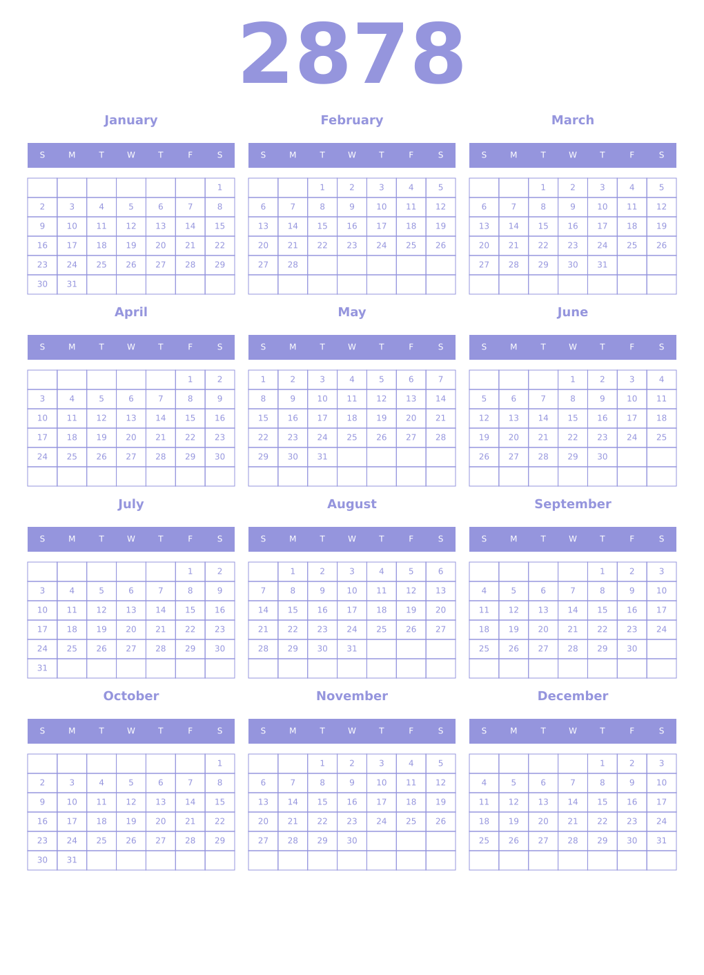 Printable 2878 Year Calendars periwinkle