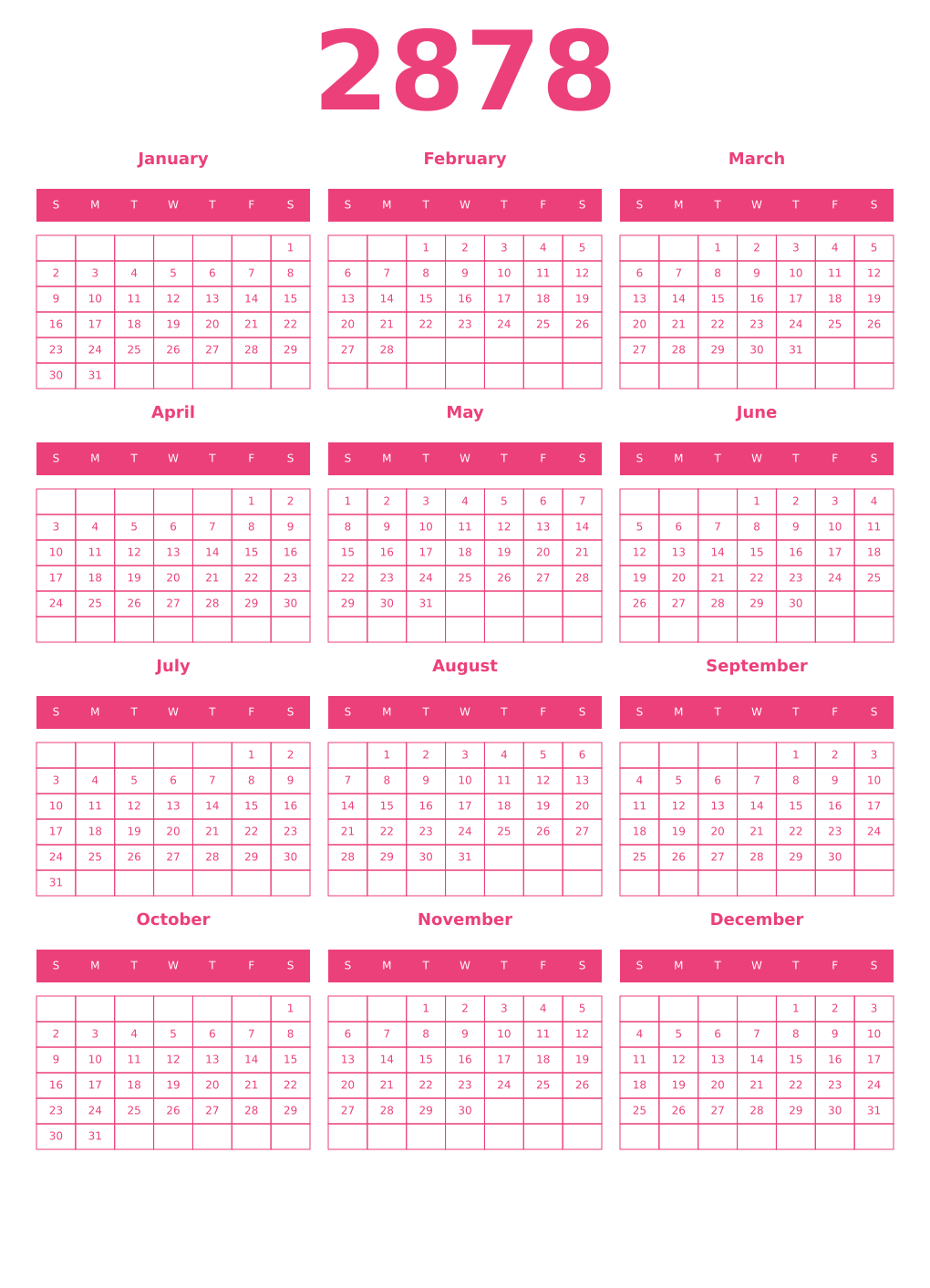 Printable 2878 Year Calendars pink