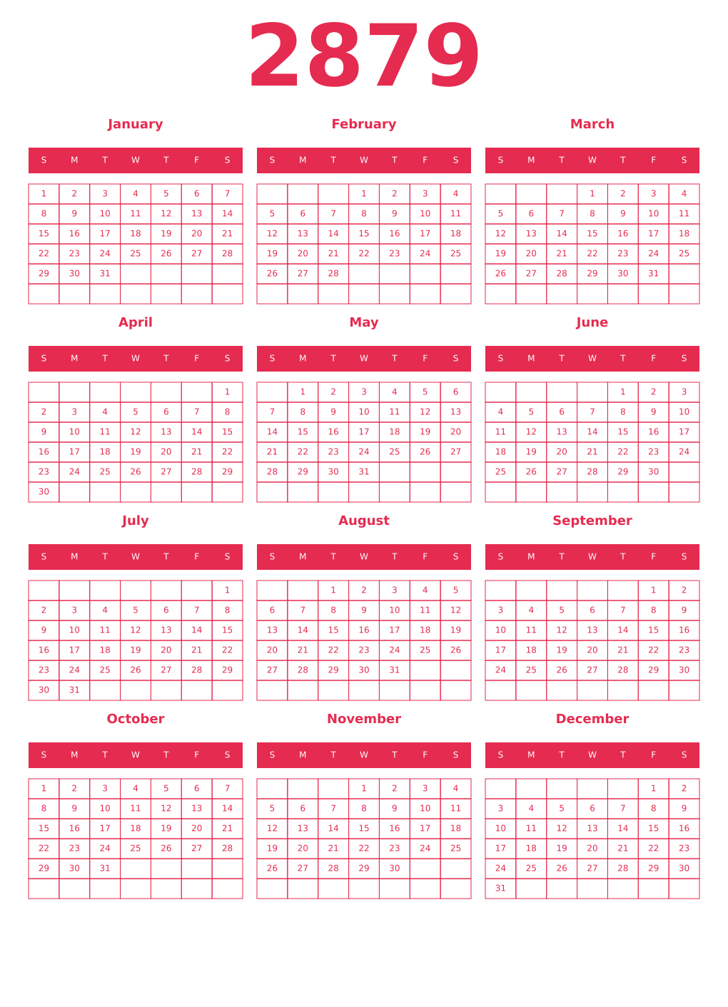 Printable 2879 Year Calendars amaranth