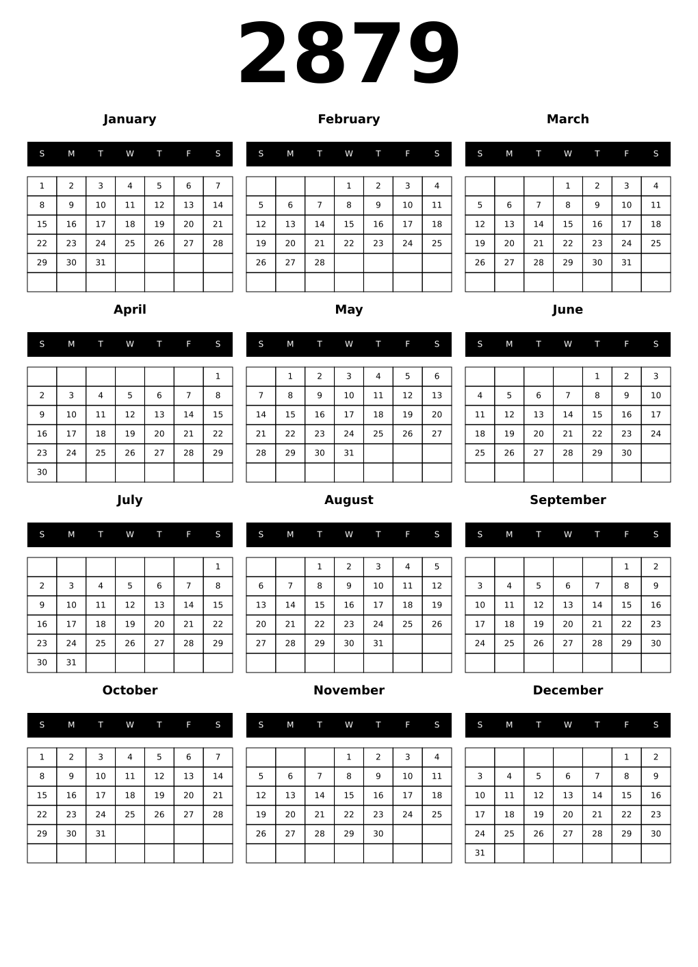 Printable 2879 Year Calendars black