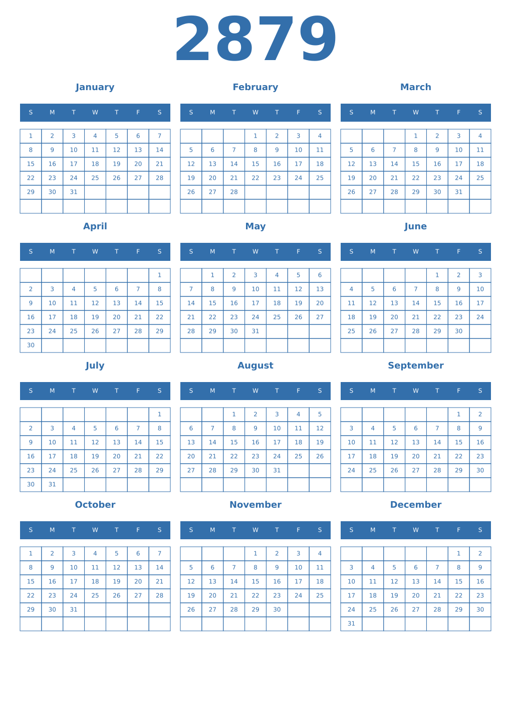 Printable 2879 Year Calendars blue