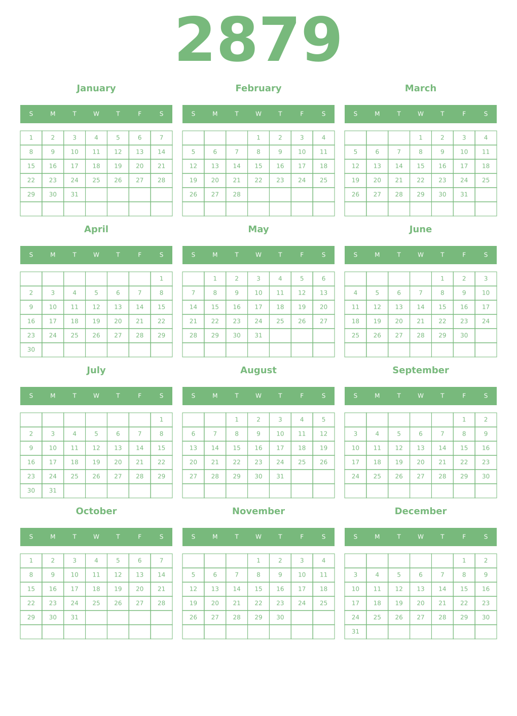 Printable 2879 Year Calendars celadon