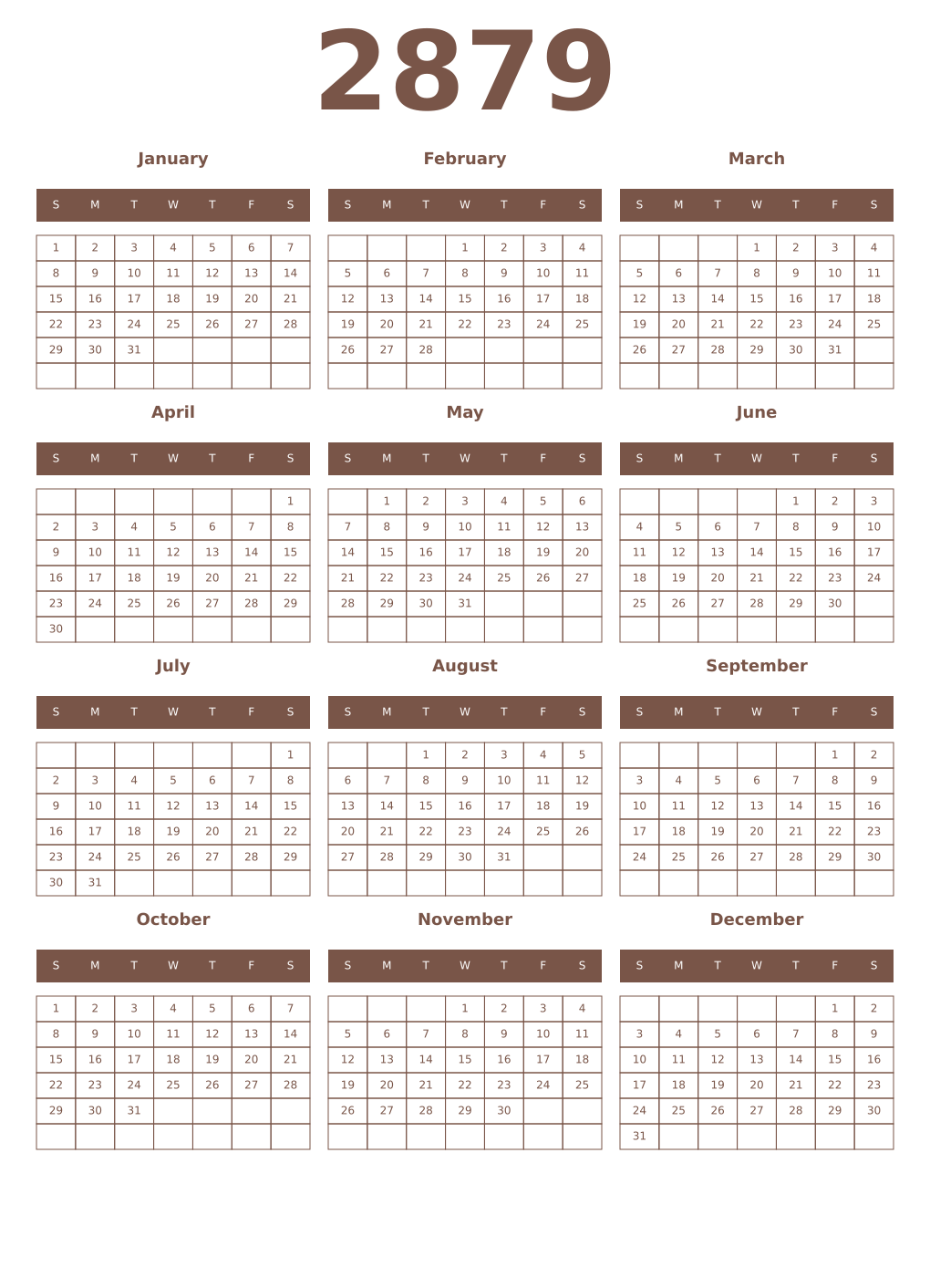 Printable 2879 Year Calendars coffe