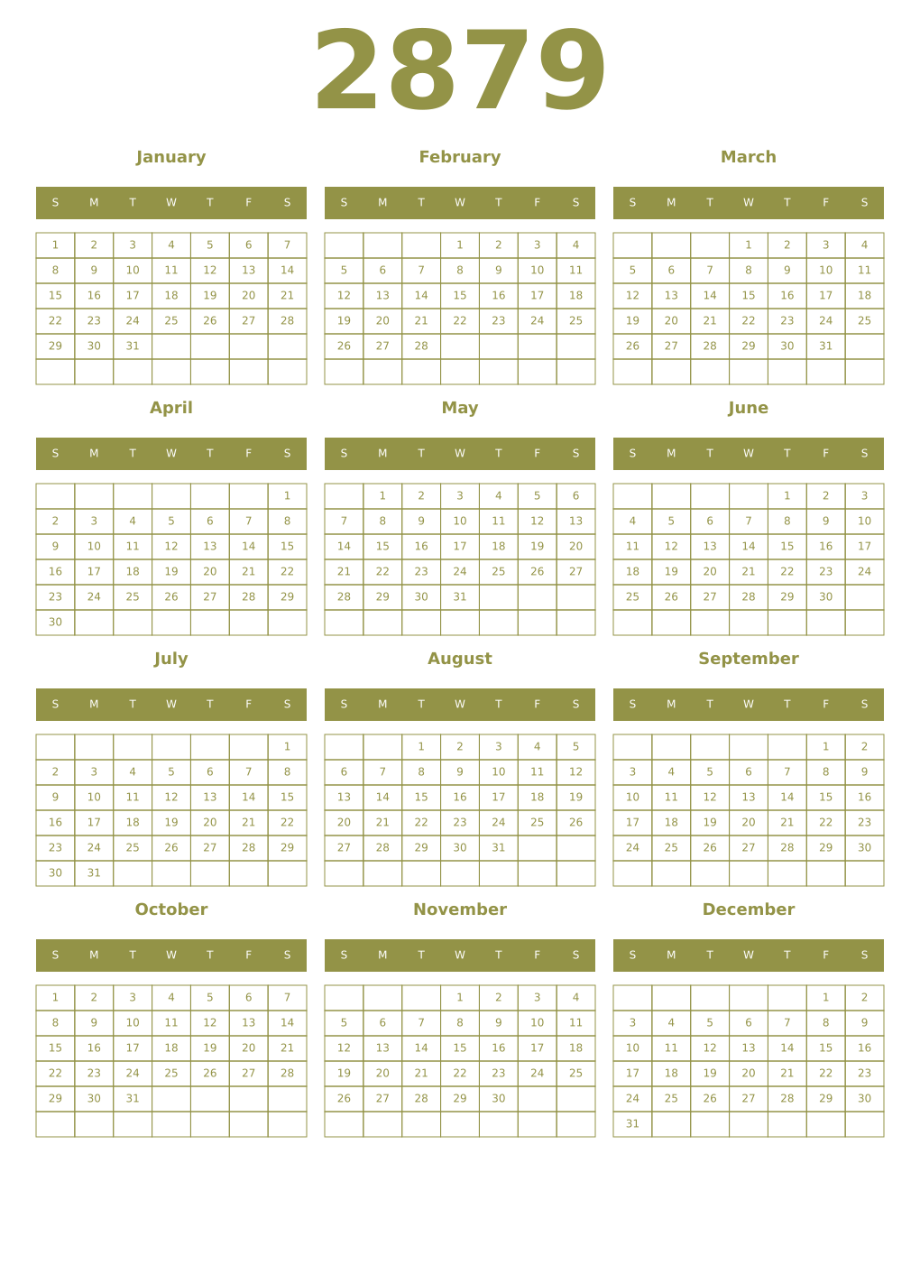 Printable 2879 Year Calendars eburnean
