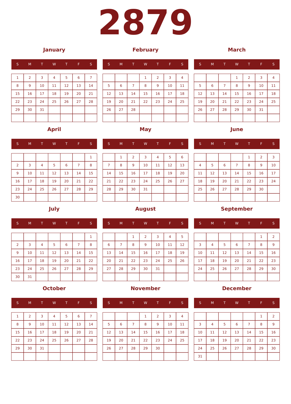 Printable 2879 Year Calendars falu