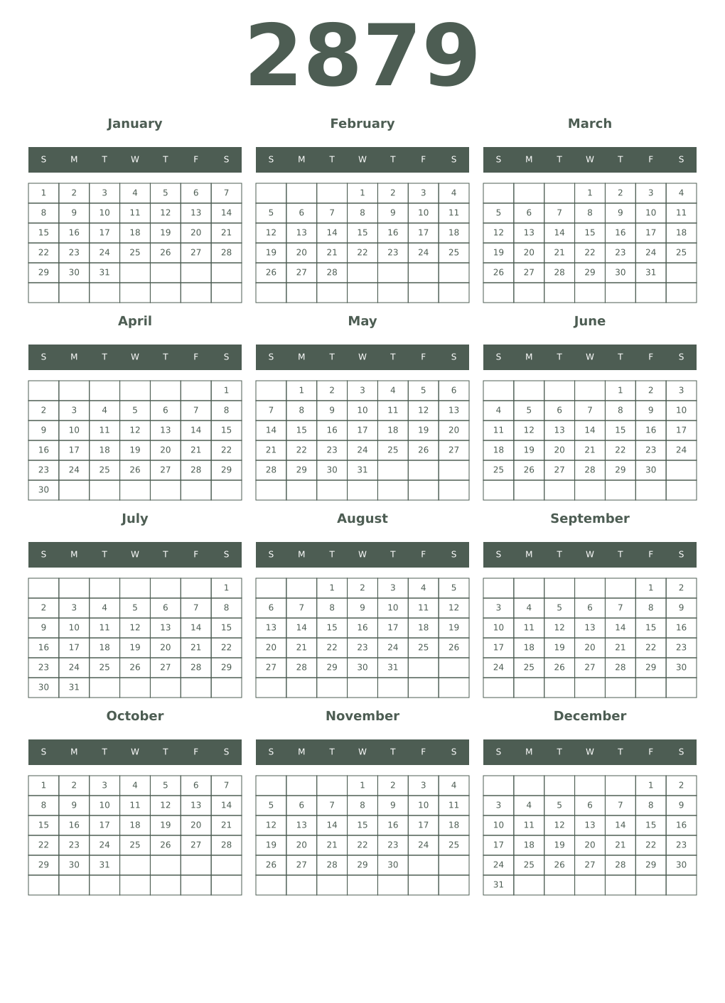 Printable 2879 Year Calendars feldgrau