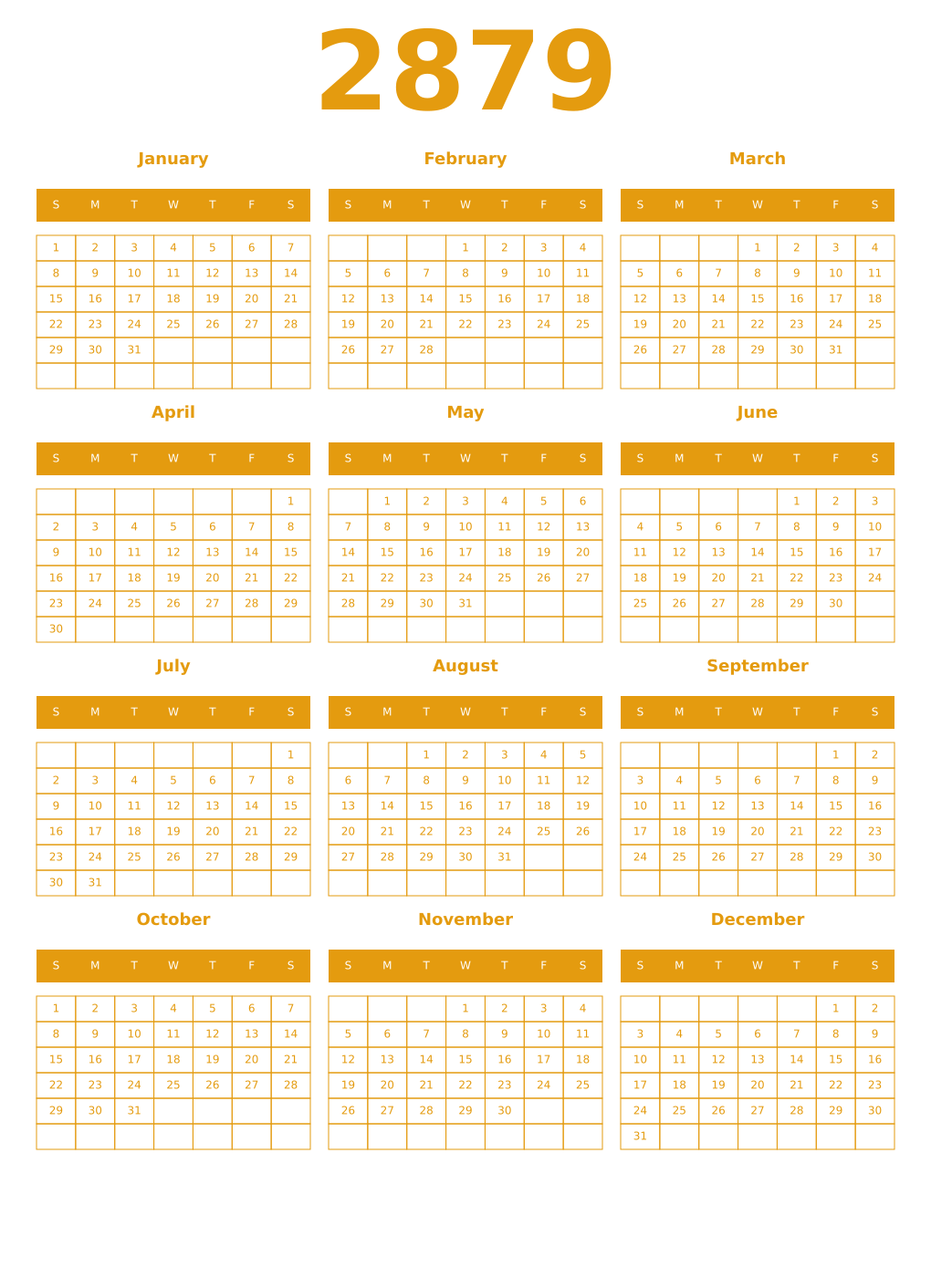 Printable 2879 Year Calendars gamboge