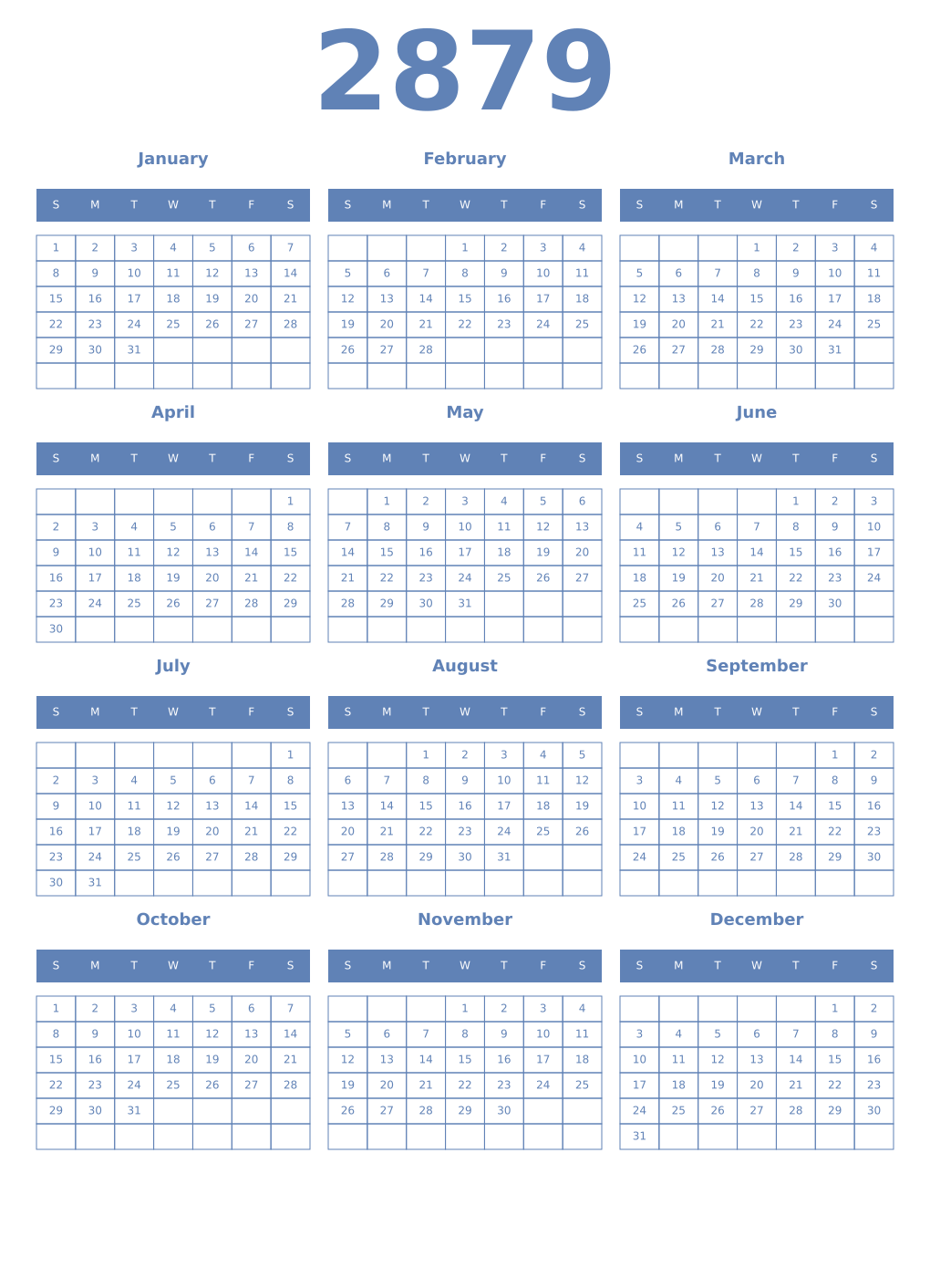 Printable 2879 Year Calendars glaucous