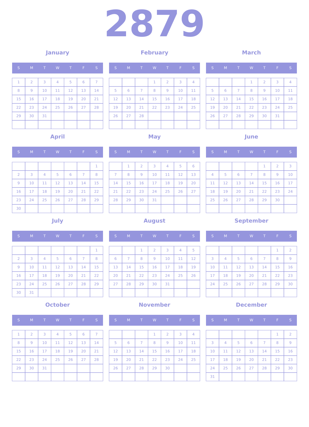 Printable 2879 Year Calendars periwinkle