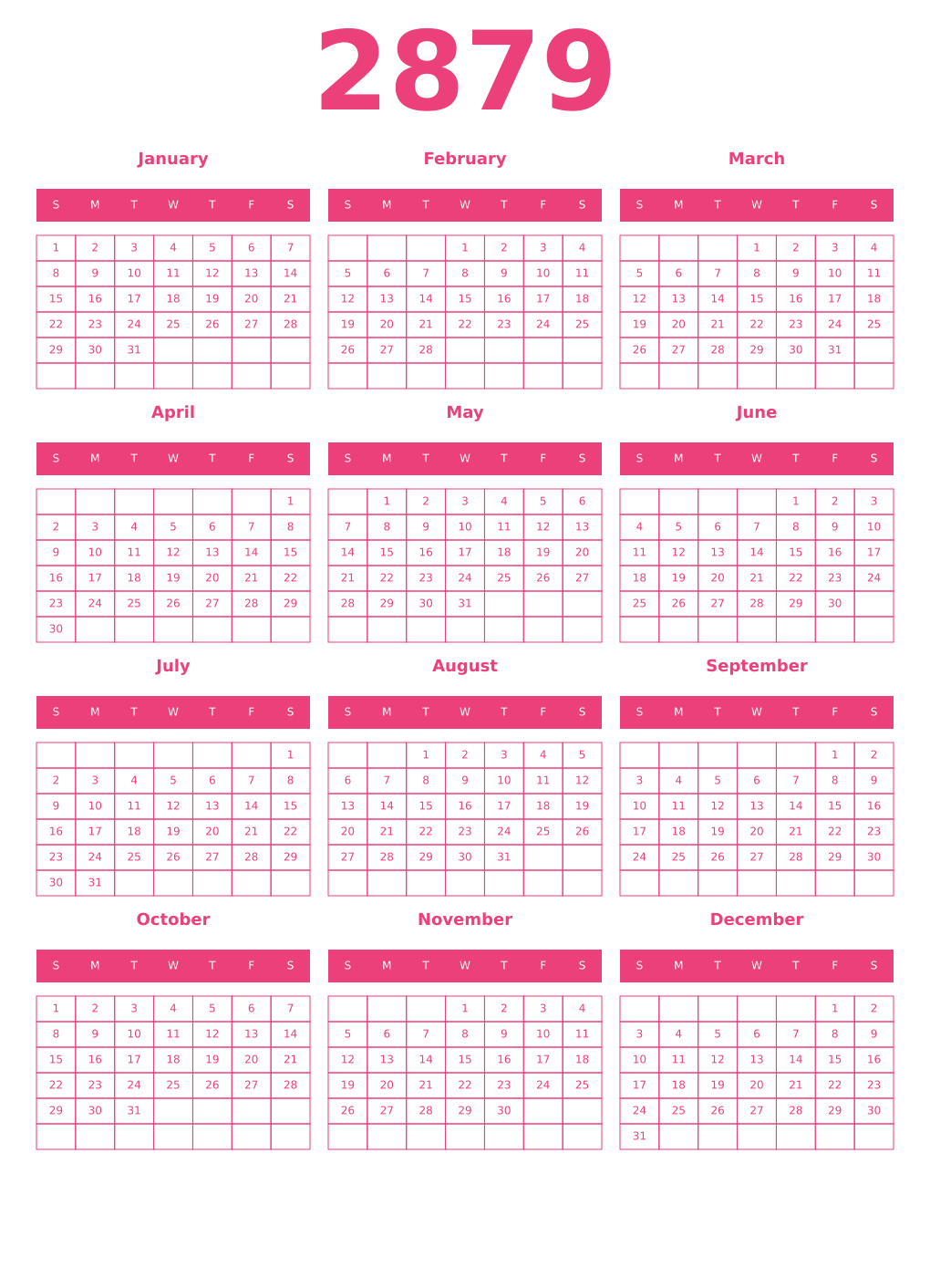 Printable 2879 Year Calendars pink
