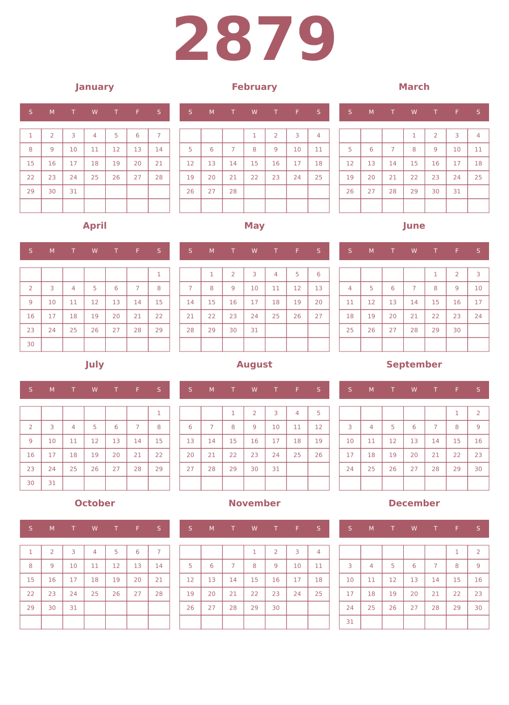 Printable 2879 Year Calendars puce