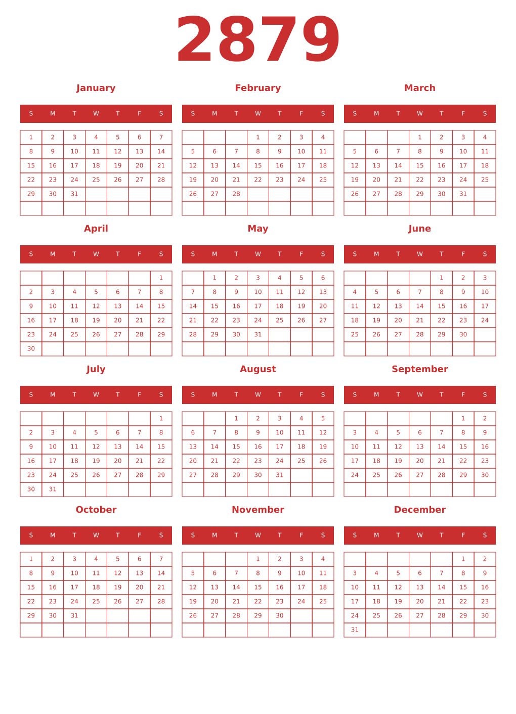 Printable 2879 Year Calendars red