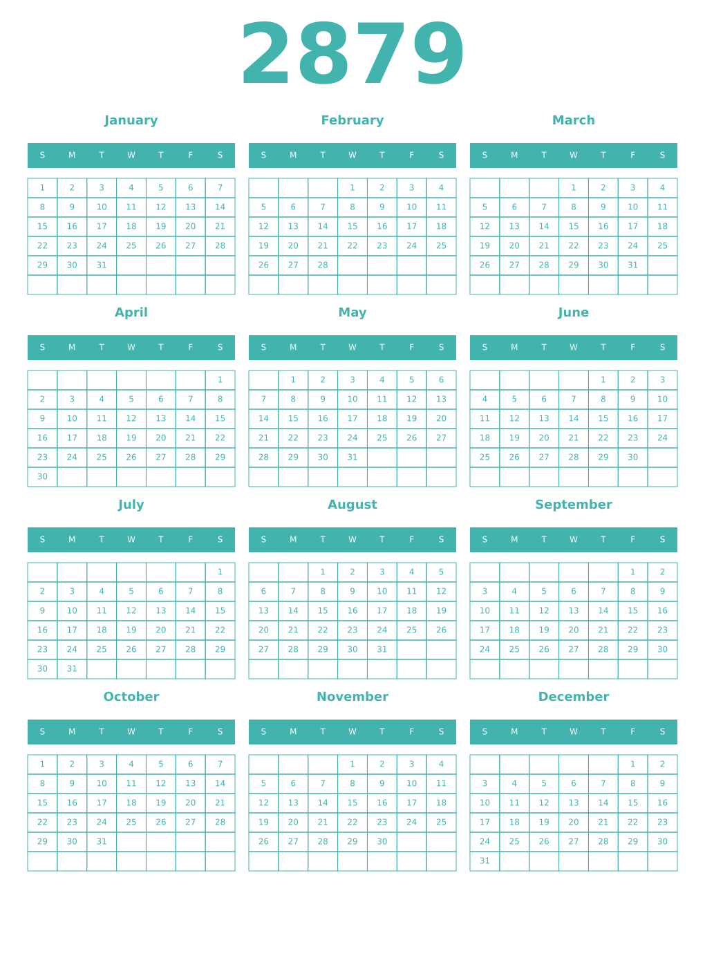 Printable 2879 Year Calendars verdigris