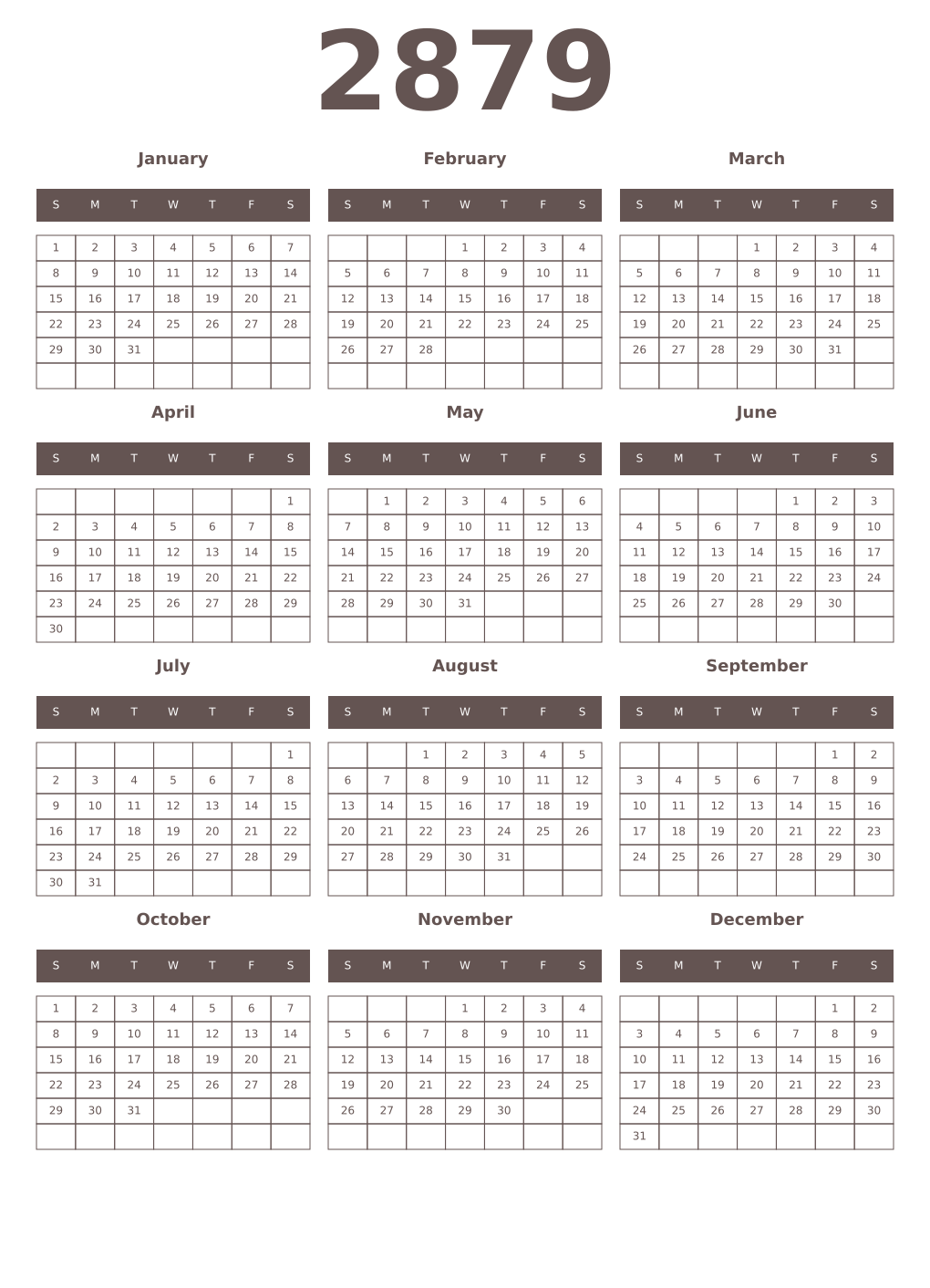 Printable 2879 Year Calendars wenge