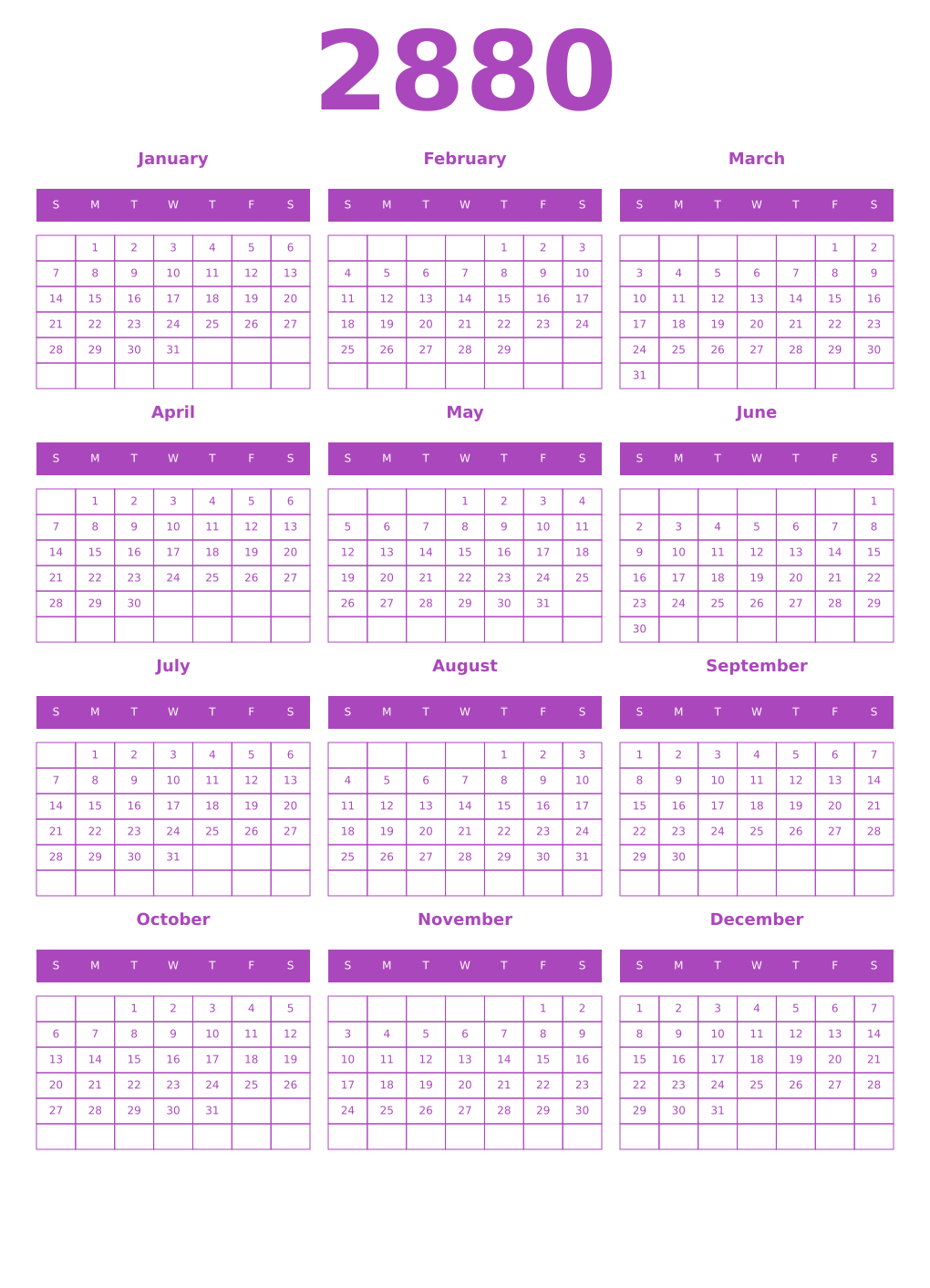 Printable 2880 Year Calendars purple