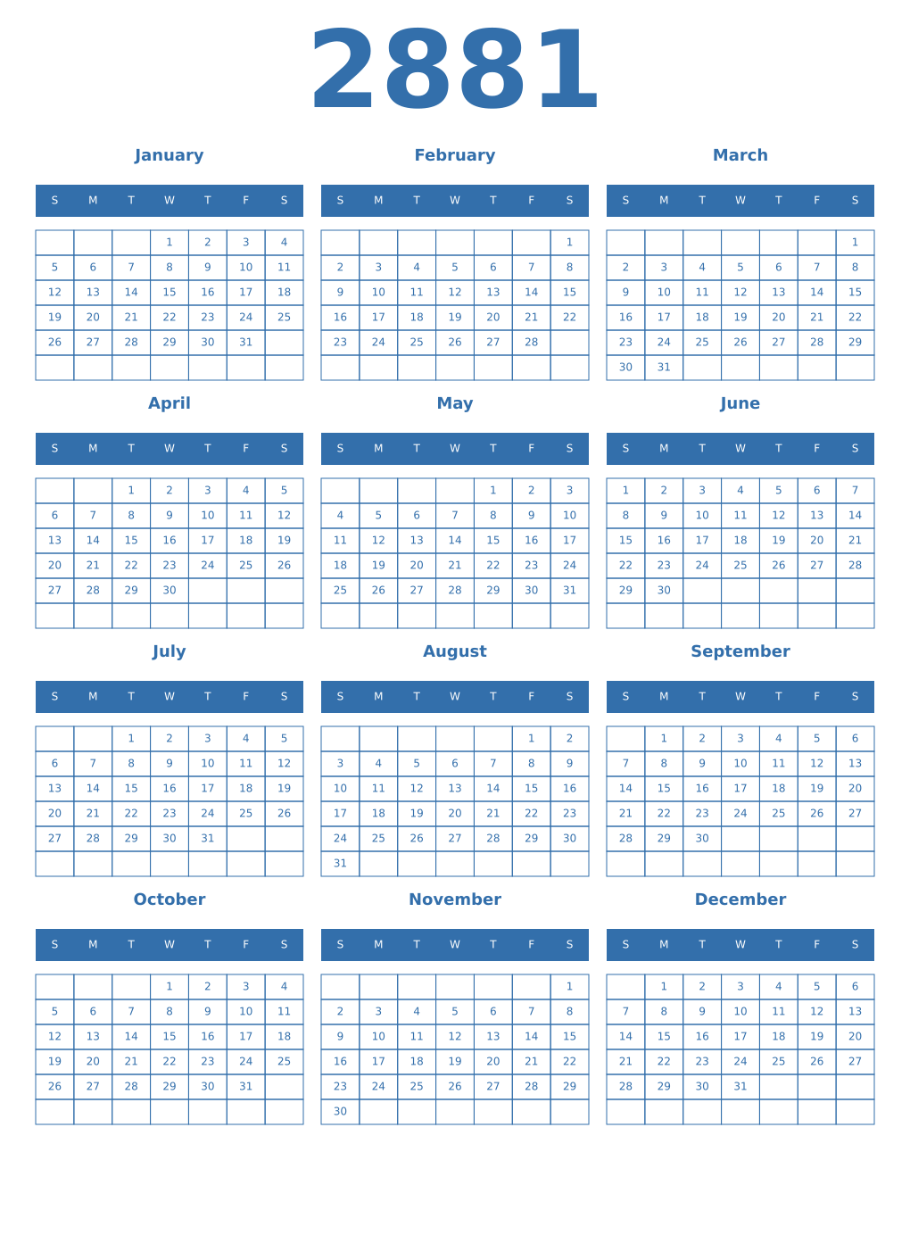 Printable 2881 Year Calendars blue