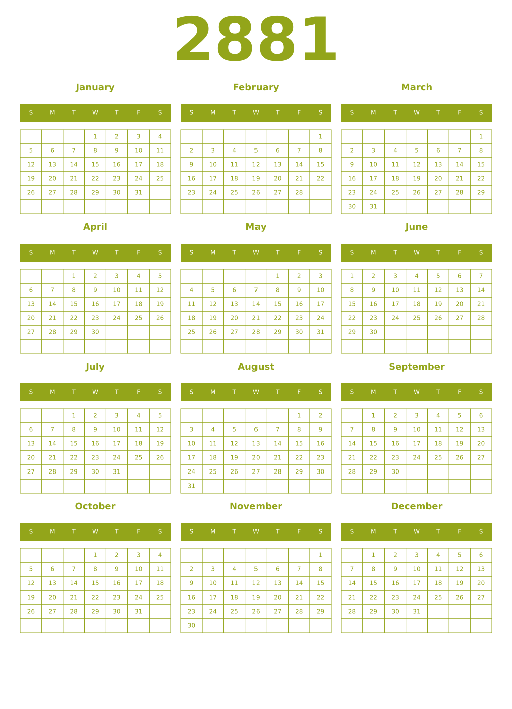 Printable 2881 Year Calendars chartreuse