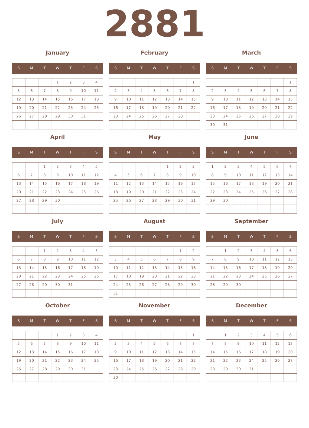 Printable 2881 Year Calendars coffe
