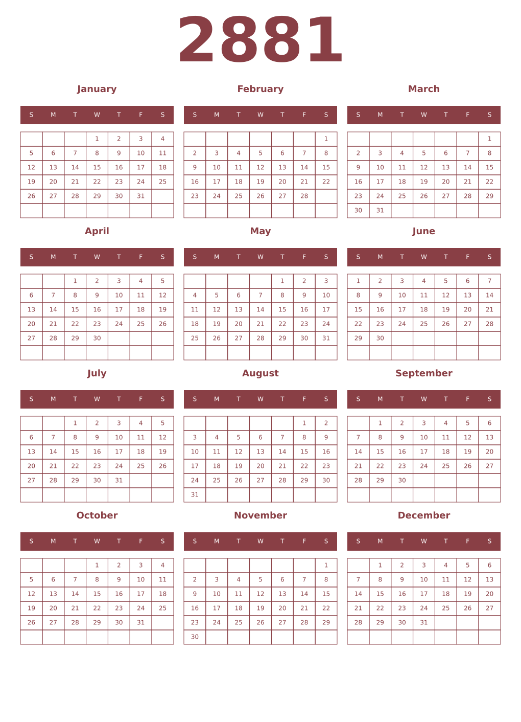 Printable 2881 Year Calendars cordovan