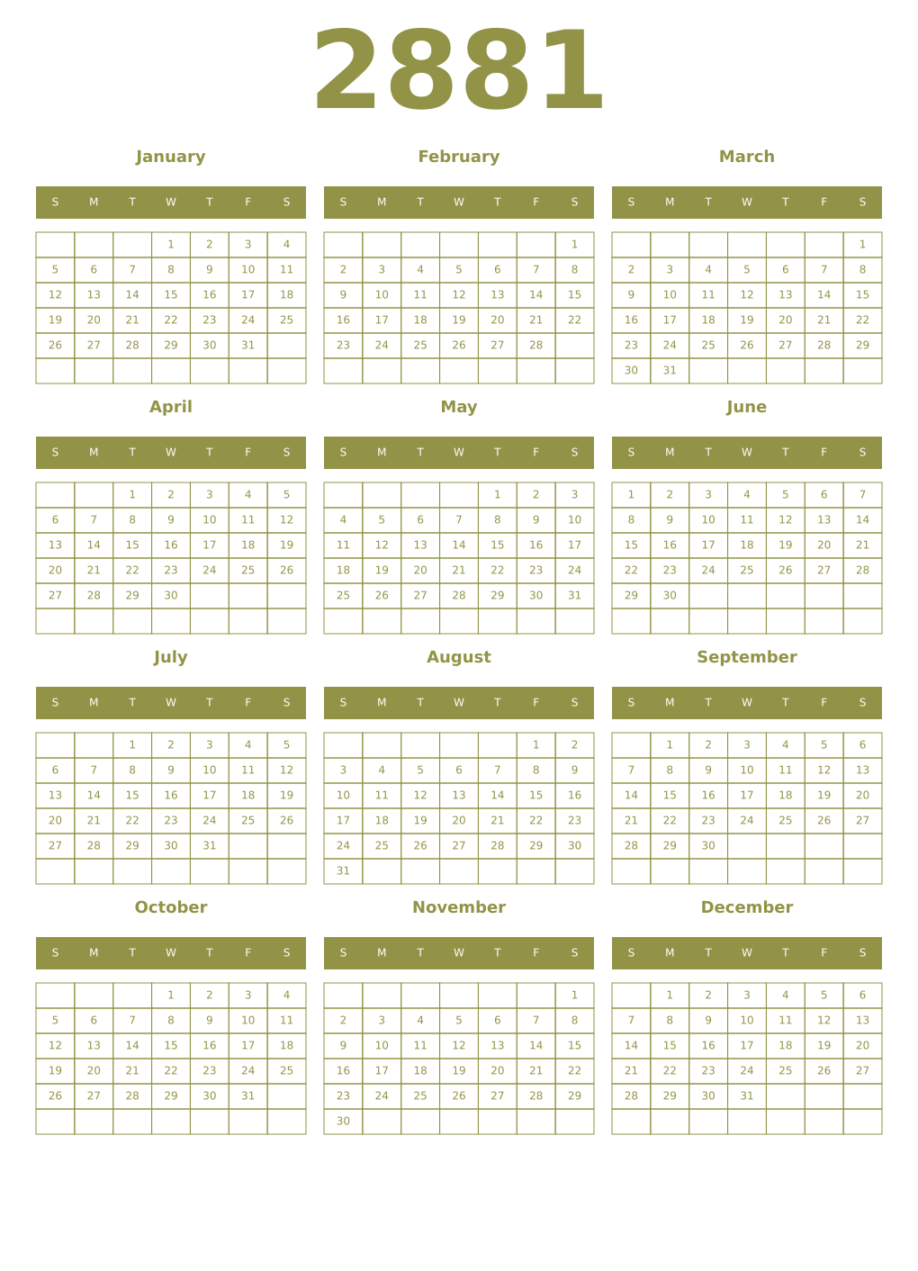 Printable 2881 Year Calendars eburnean