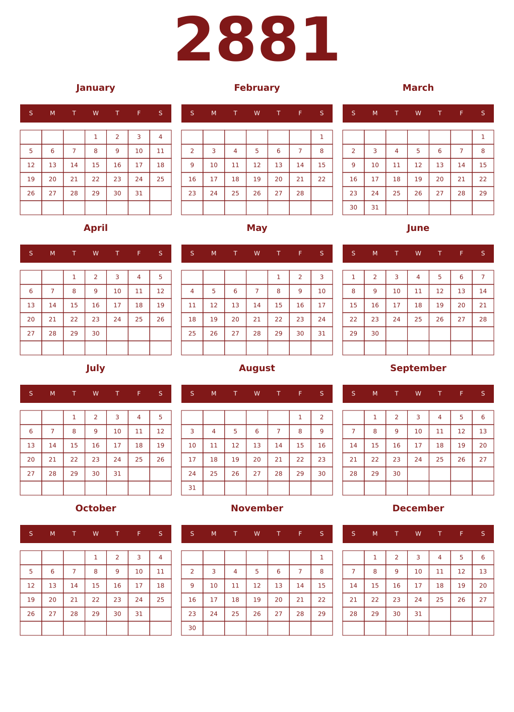 Printable 2881 Year Calendars falu