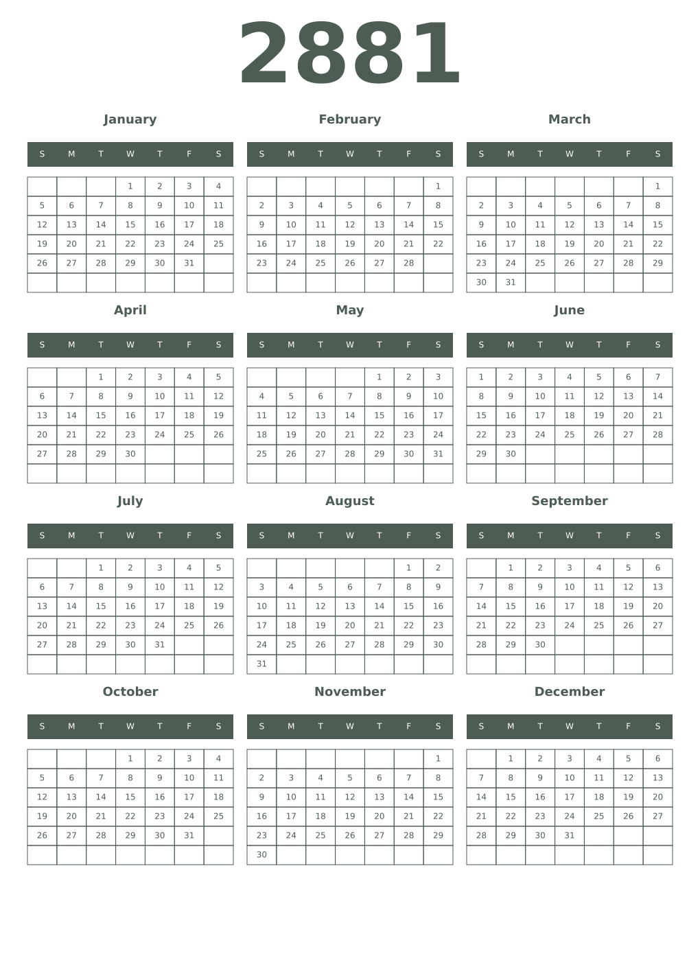 Printable 2881 Year Calendars feldgrau