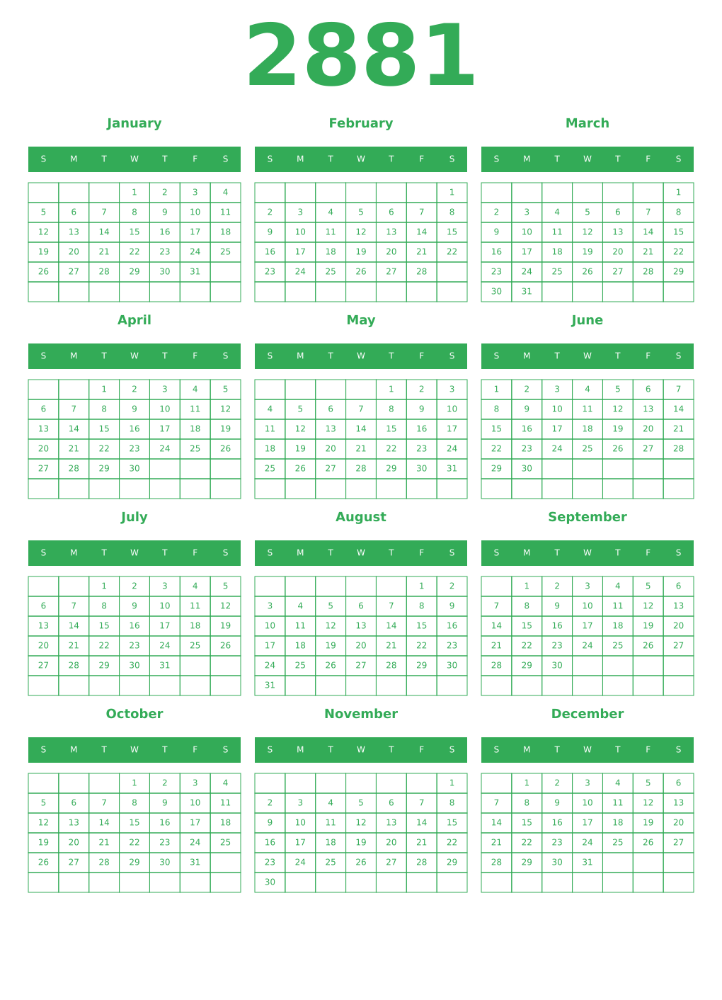 Printable 2881 Year Calendars green