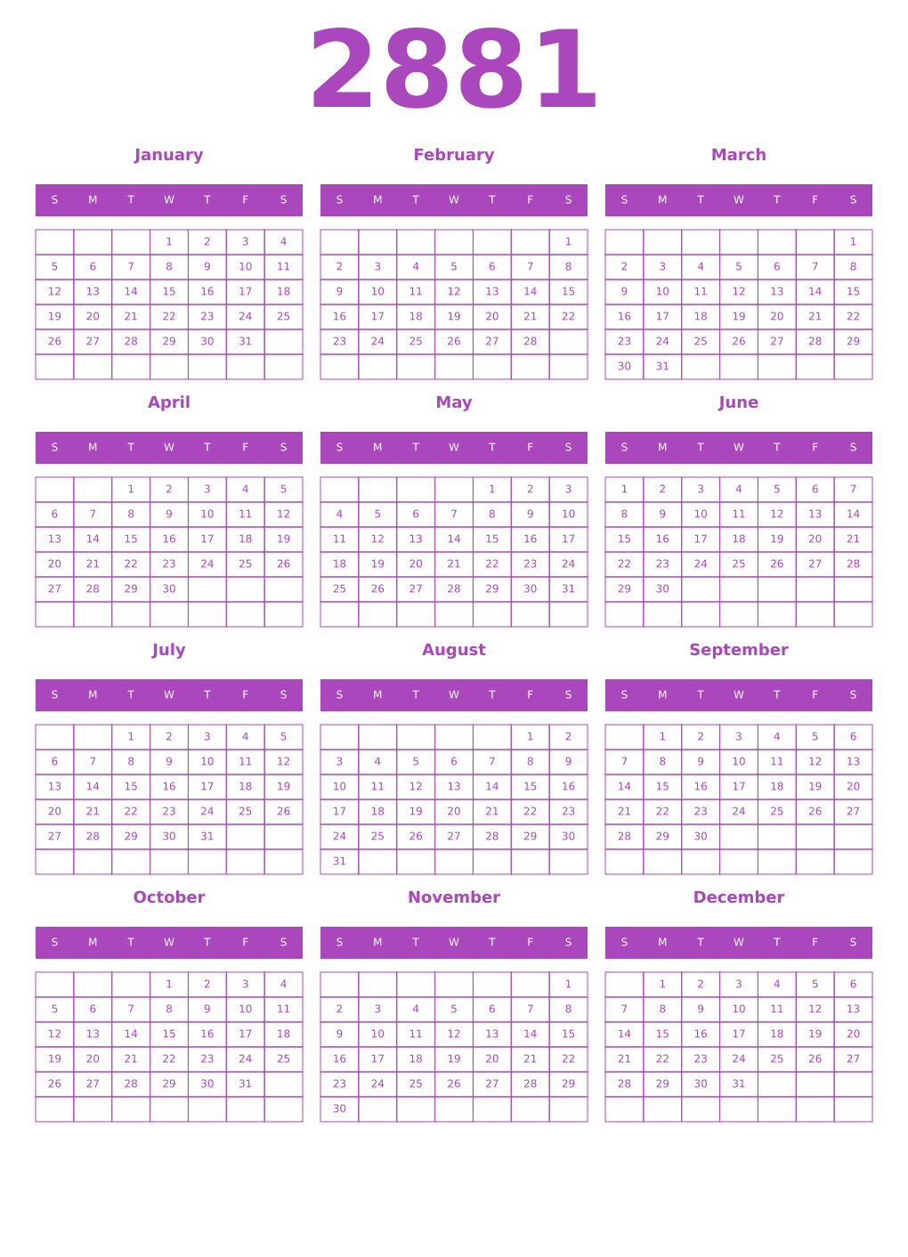 Printable 2881 Year Calendars purple