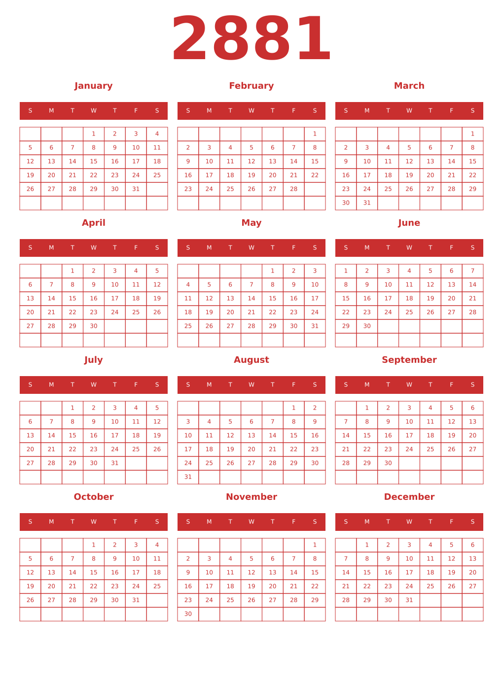 Printable 2881 Year Calendars red