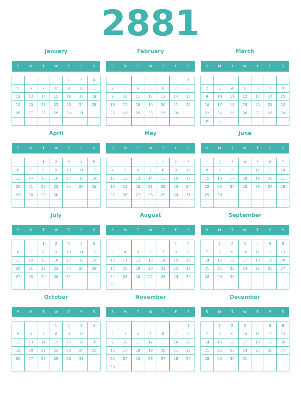 Printable 2881 Year Calendars verdigris